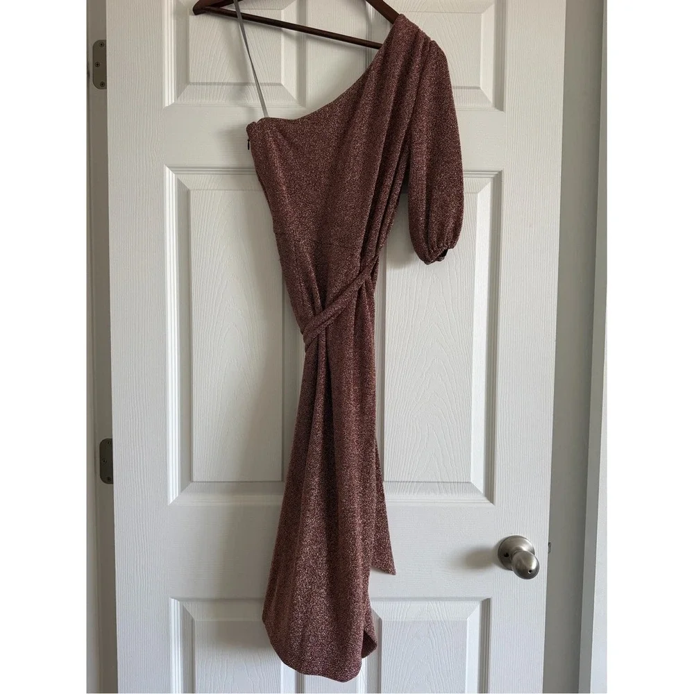 Monique Lhuillier Rose Gold Metallic One Shoulder Midi Dress Size 4 NWT
